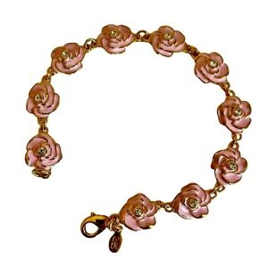 Vintage Joan Rivers Gold Plated Pink Enamel Gardenia Bracelet With Swarovski